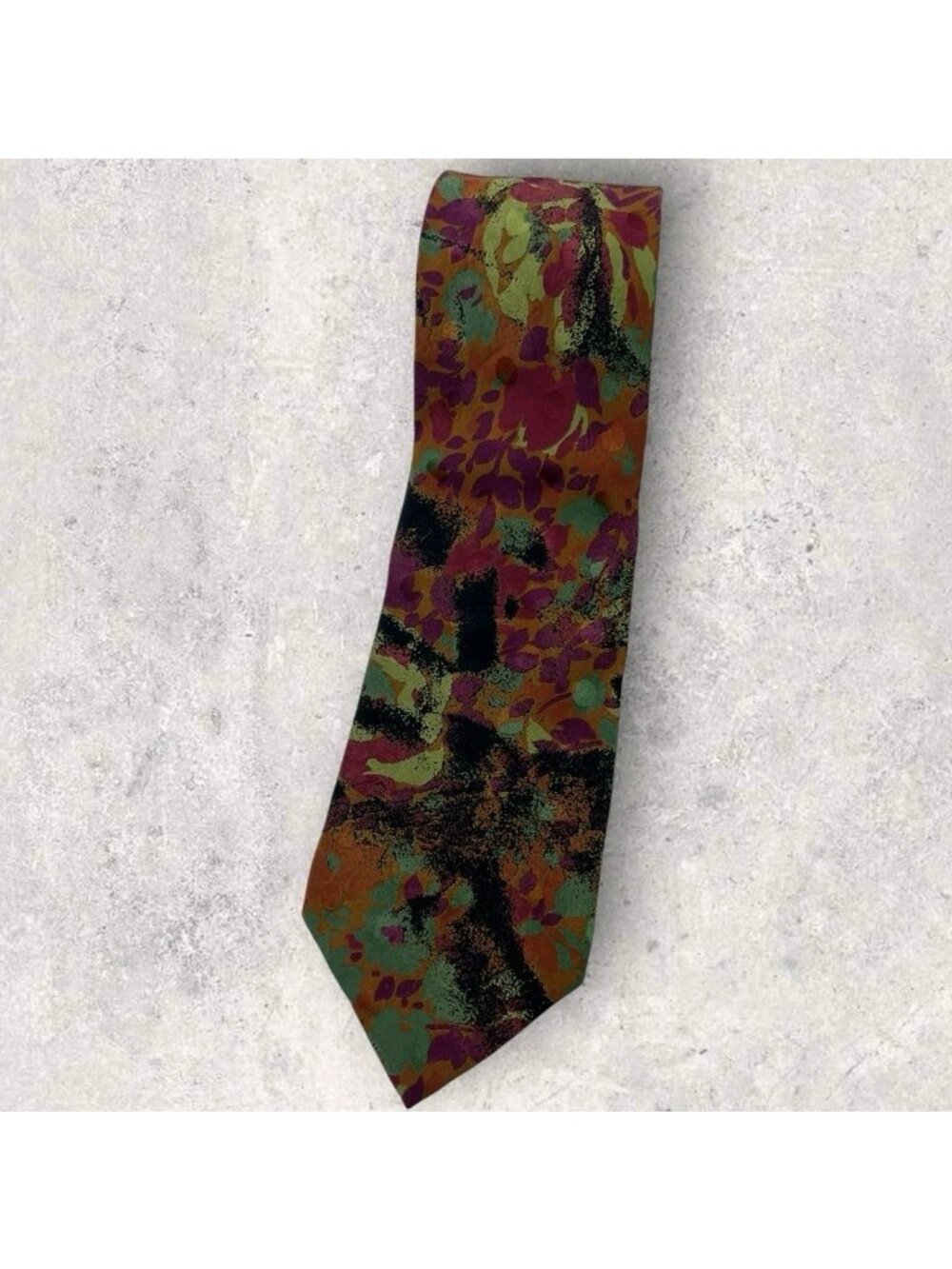 SANTOSTEFANO Silk Tie ITALY Orange Burgundy Green Art W:3.7" EUC